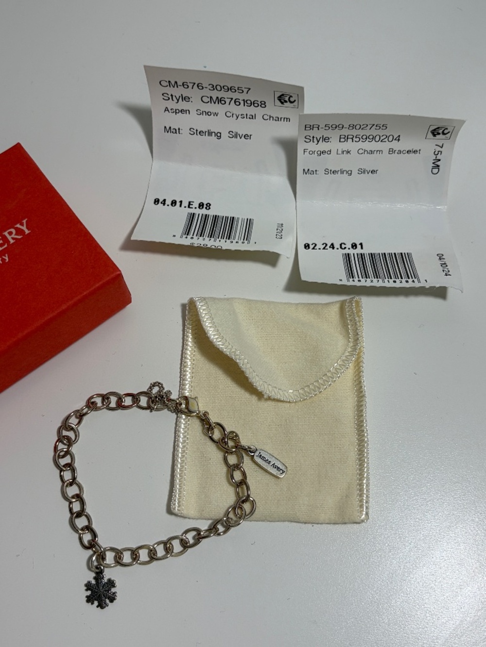 James Avery Silver Forged Link Charm Bracelet with Aspen Snow Crystal Charm